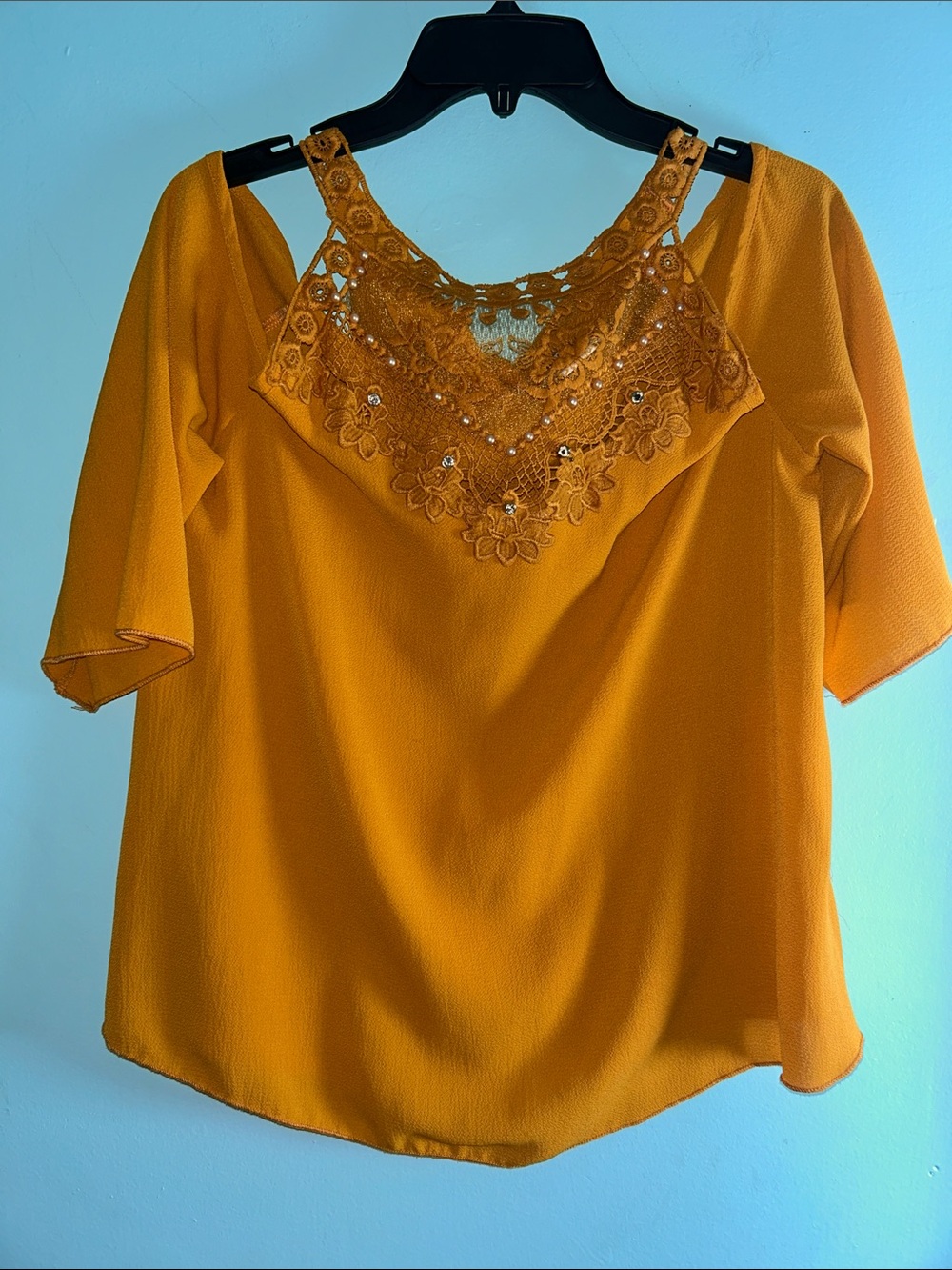 Embroidered Lace Yoke Cold-Shoulder Top in Mustard
